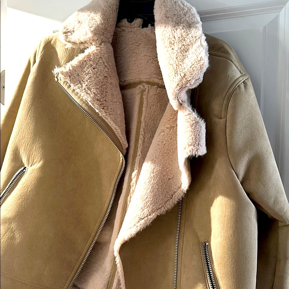Beautiful faux suede -fur lined  jacket. Sz10 . Camel color w ivory /cream  fur.